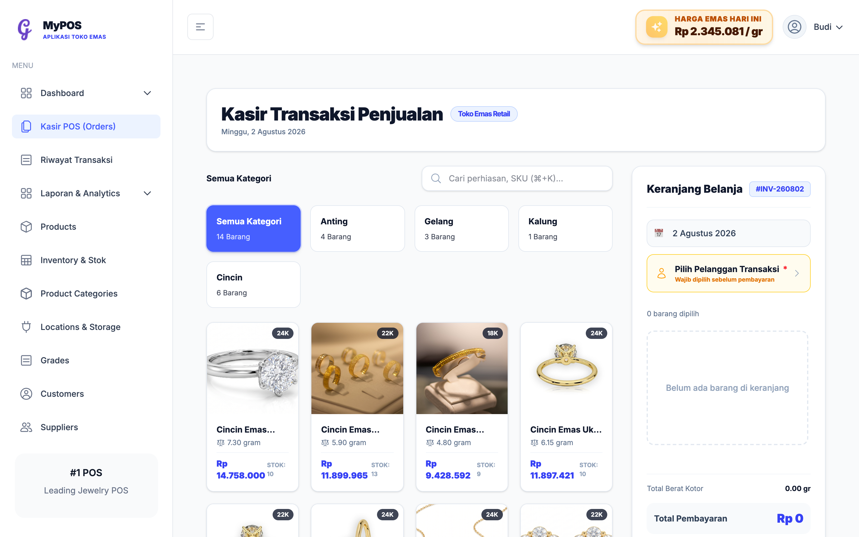 Tampilan layar kasir KilauPos saat memproses transaksi penjualan emas