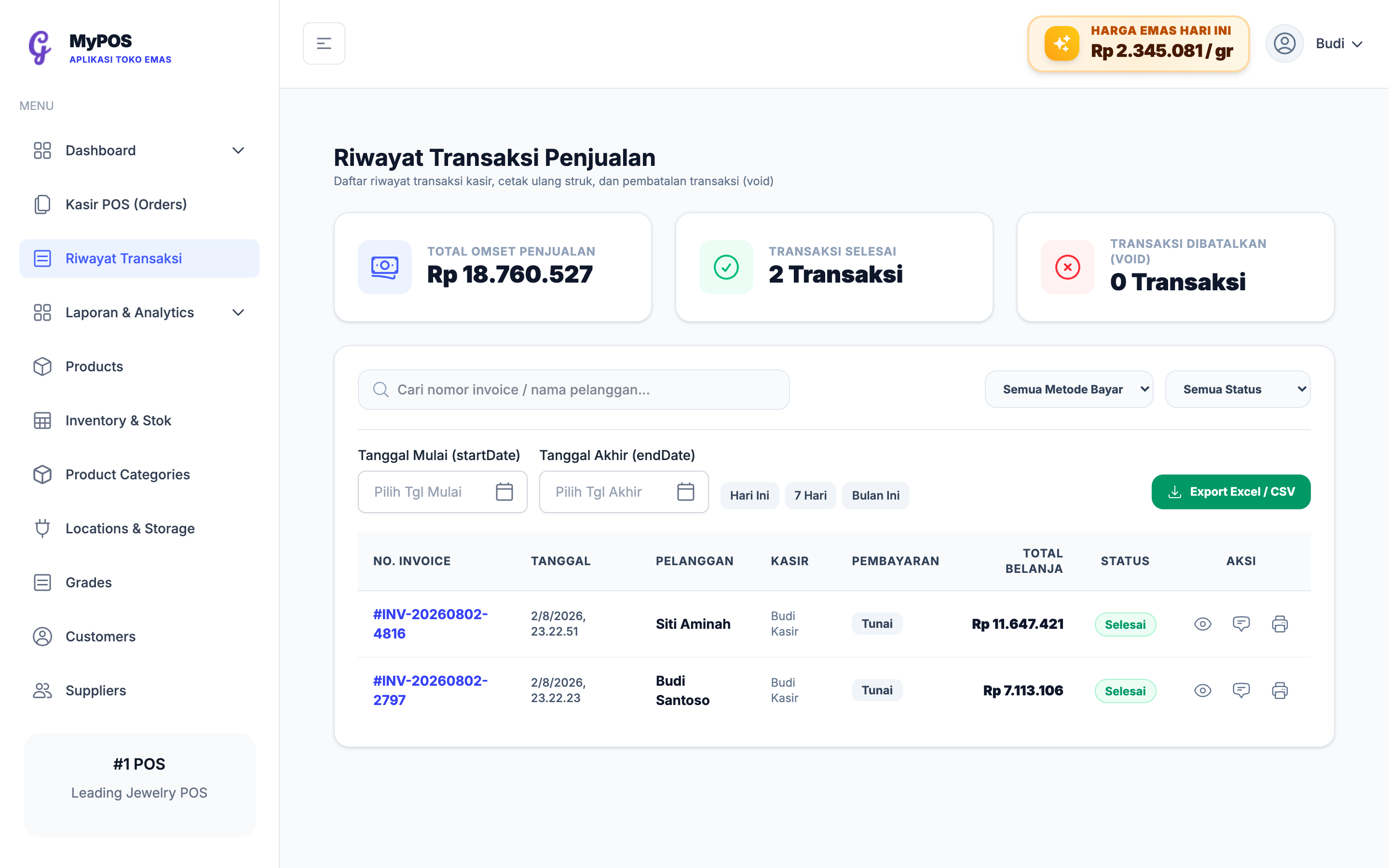 Tampilan riwayat transaksi pelanggan di KilauPos